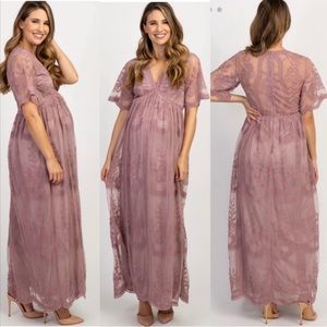 PinkBlush Mauve Lace Mesh Overlay Maternity Maxi Dress Size M